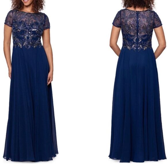 XSCAPE 4230XN Beaded Bodice Embellished Short Sleeve Chiffon Gown NWT - Picture 2 of 8